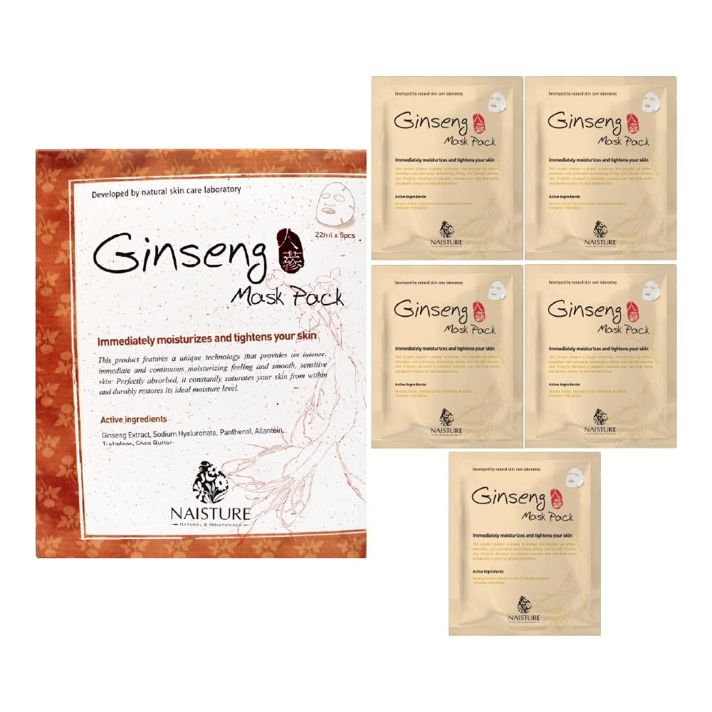 Naisture Premium Cotton Face Mask - Ginseng 5-Pack: Revitalizing And Firming Korean Skincare Sheet Masks For All Skin Types. Per