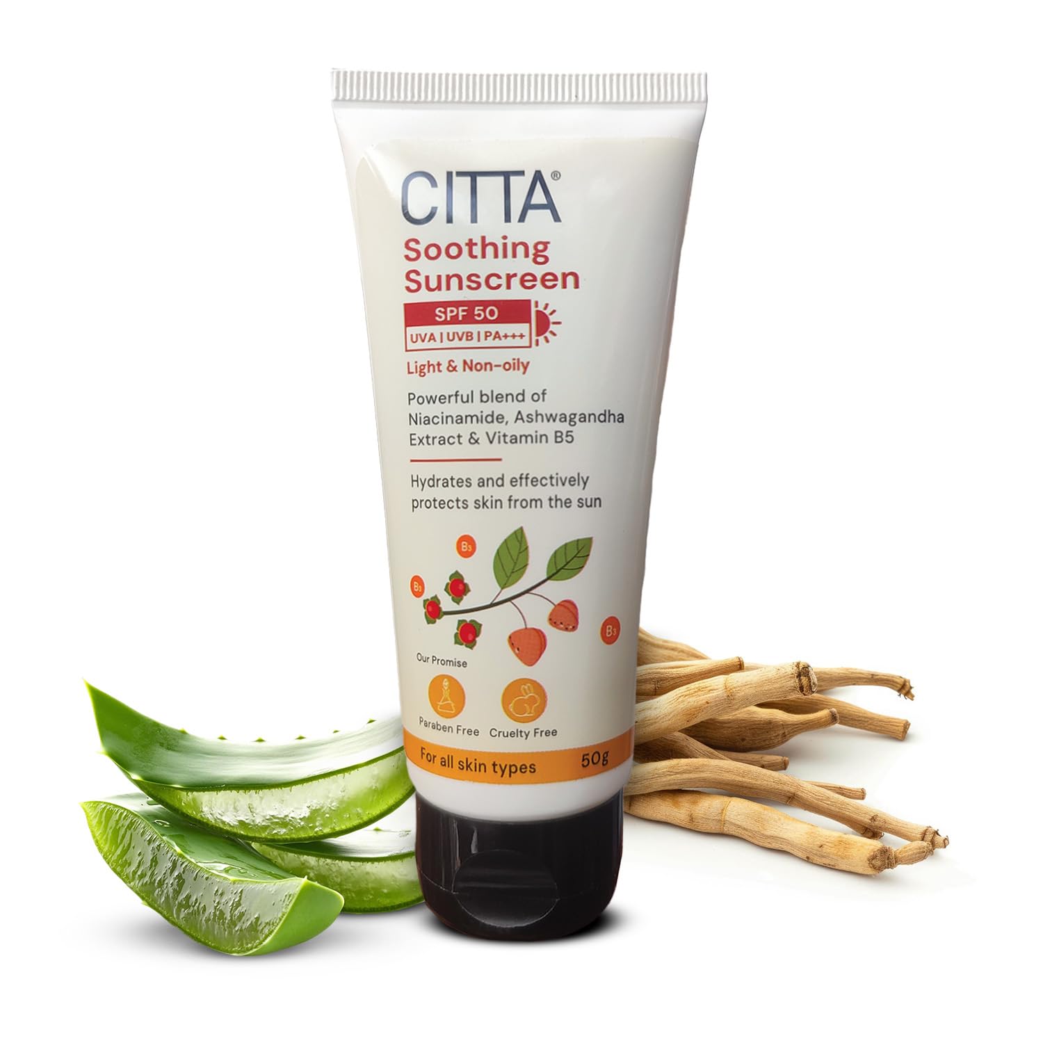 CITTA Soothing Sunscreen SPF 50 PA+++ with Niacinamide & Hyaluronic Acid  Broad Spectrum UVA/UVB & Blue Light Protection  Ligh