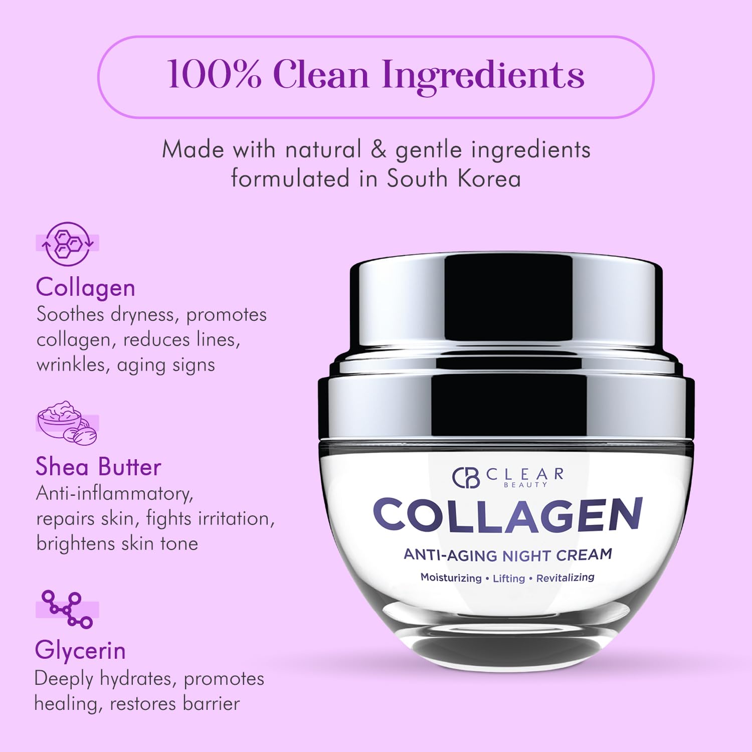 Clear Beauty Collagen Night Face Moisturizer - Dermatologist Tested, Reduces Wrinkles & Fine Lines, Hydrating, Anti-Aging Cream,