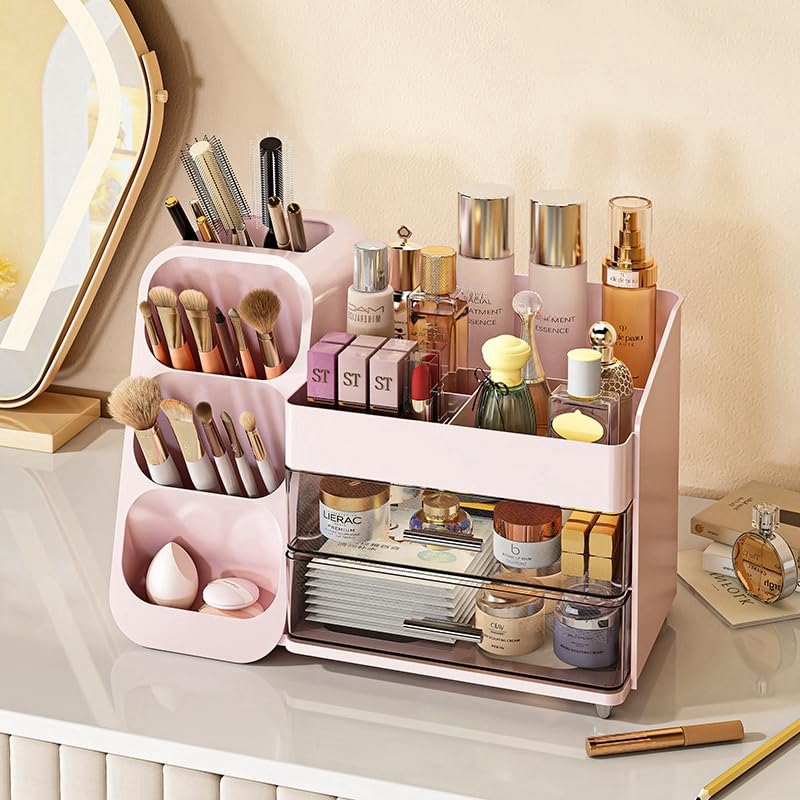 Makeup organizer with Drawers for Vanity,Spacious Cosmetic Display Case,Perfect Storage Solution for Your Beauty Essential(Pink)