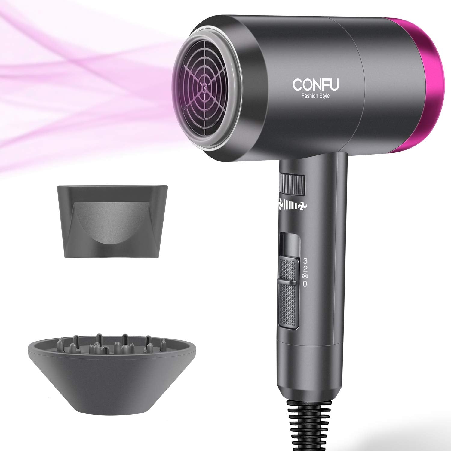 CONFU Ionic Blow Dryer 1600W, Portable Lightweight Fast Drying Negative Ion Hairdryer Blowdryer, 3 Heat Settings & Infinity Spee