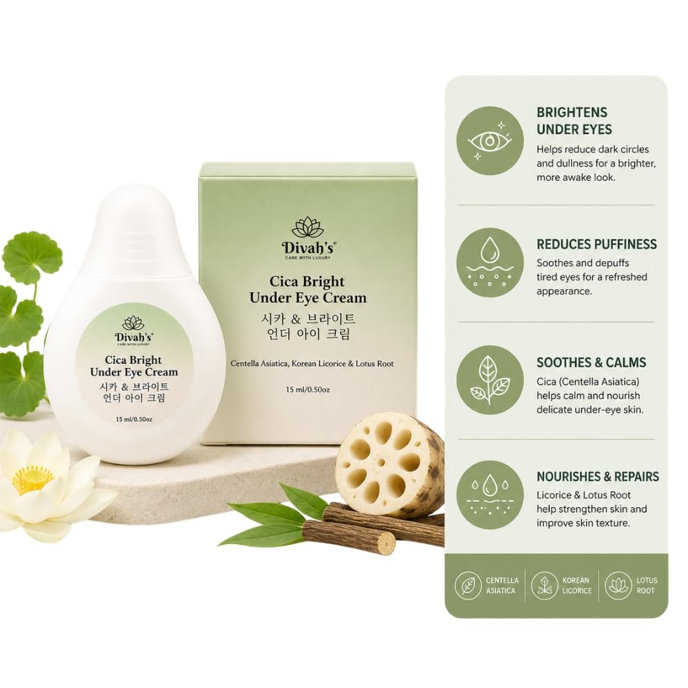 DivanS Cica Bright Under Eye Cream For Dark Circles Puffiness Wrinkles Fine Lines Brightening Hydrating Korean Centella Licoric