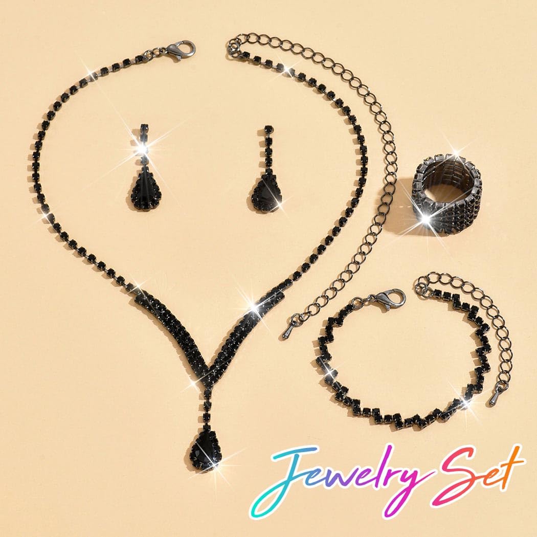 Unicra Black Jewelry Sets Prom Formal Rhinestone Necklace Earrings Bracelet Ring Set Bridal Wedding Indian Costume Jewelry for W