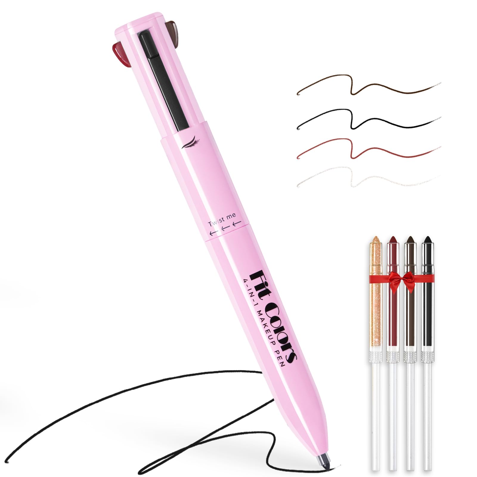 Hosaily 4 In 1 Makeup Pen, 4 Colors Eyeliner Eyebrow Lip Liner Highlighter All In One Beauty Makeup Pen, Waterproof Long-Lasting