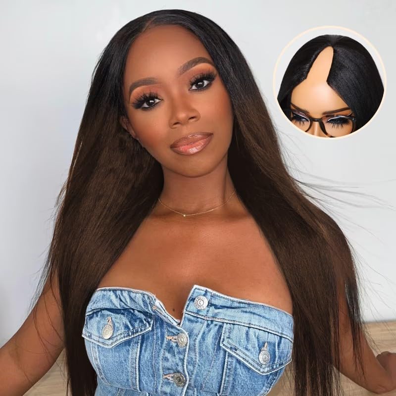 Nadula V Part Yaki Straight Glueless Wig 20 Inch Human Hair Balayage Brown Highlight Clip-In Half Wig No Glue Wear and Go