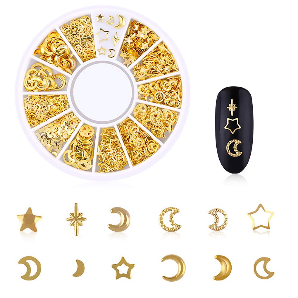Wokoto 6 Boxes Gold Metal Nail Studs Rose Star Moon Feather Nail Charm Kit 3D Nail Art Jewelry Decoration With 1Pc Tweezers And