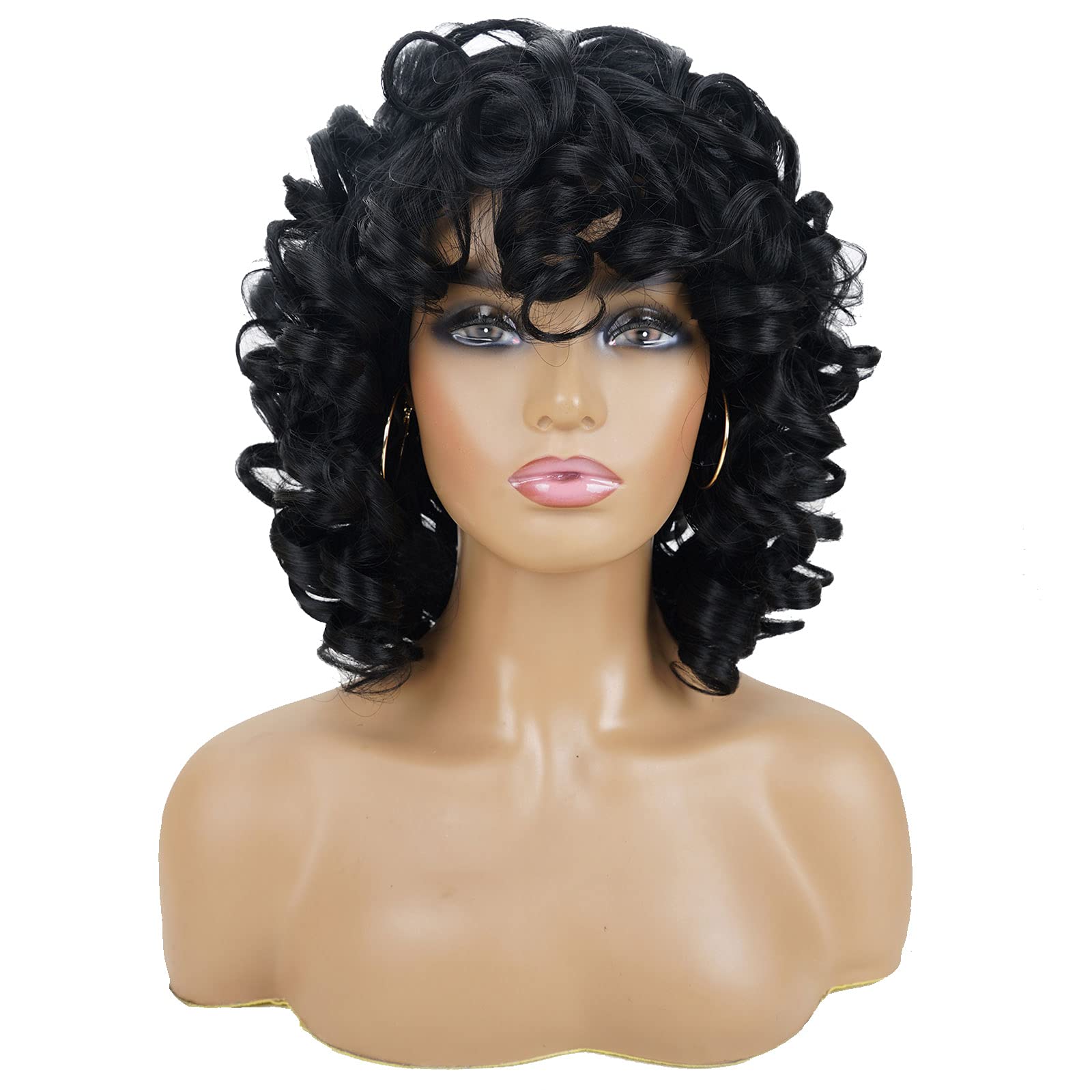 Andromeda Curly Wigs For Black Women Soft Black Short Curly Wig With Bangs Afro Loose Curls Heat Resistant Synthetic Wig For Afr