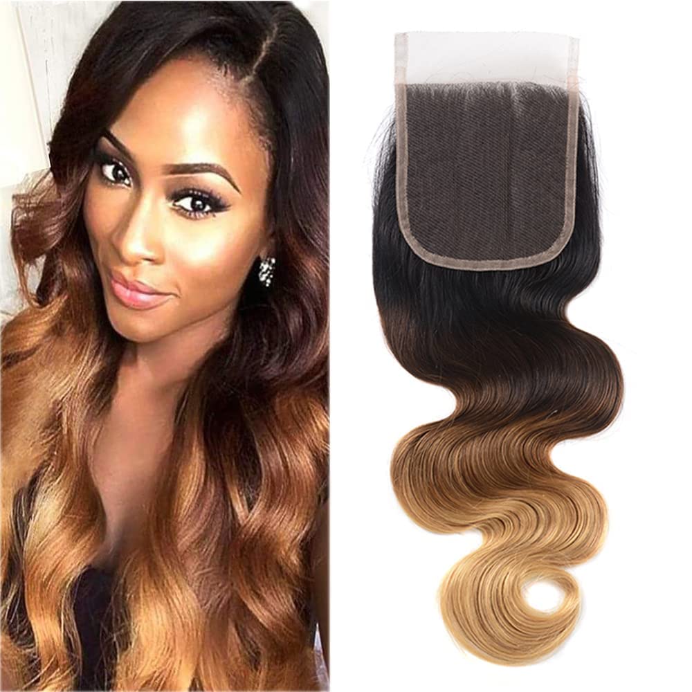 Isufer Ombre Closure Human Hair Pre Plucked With Baby Hair Lace Closure Only 4X4 Transparent Lace Body Wave 3 Tone Closure Ombre