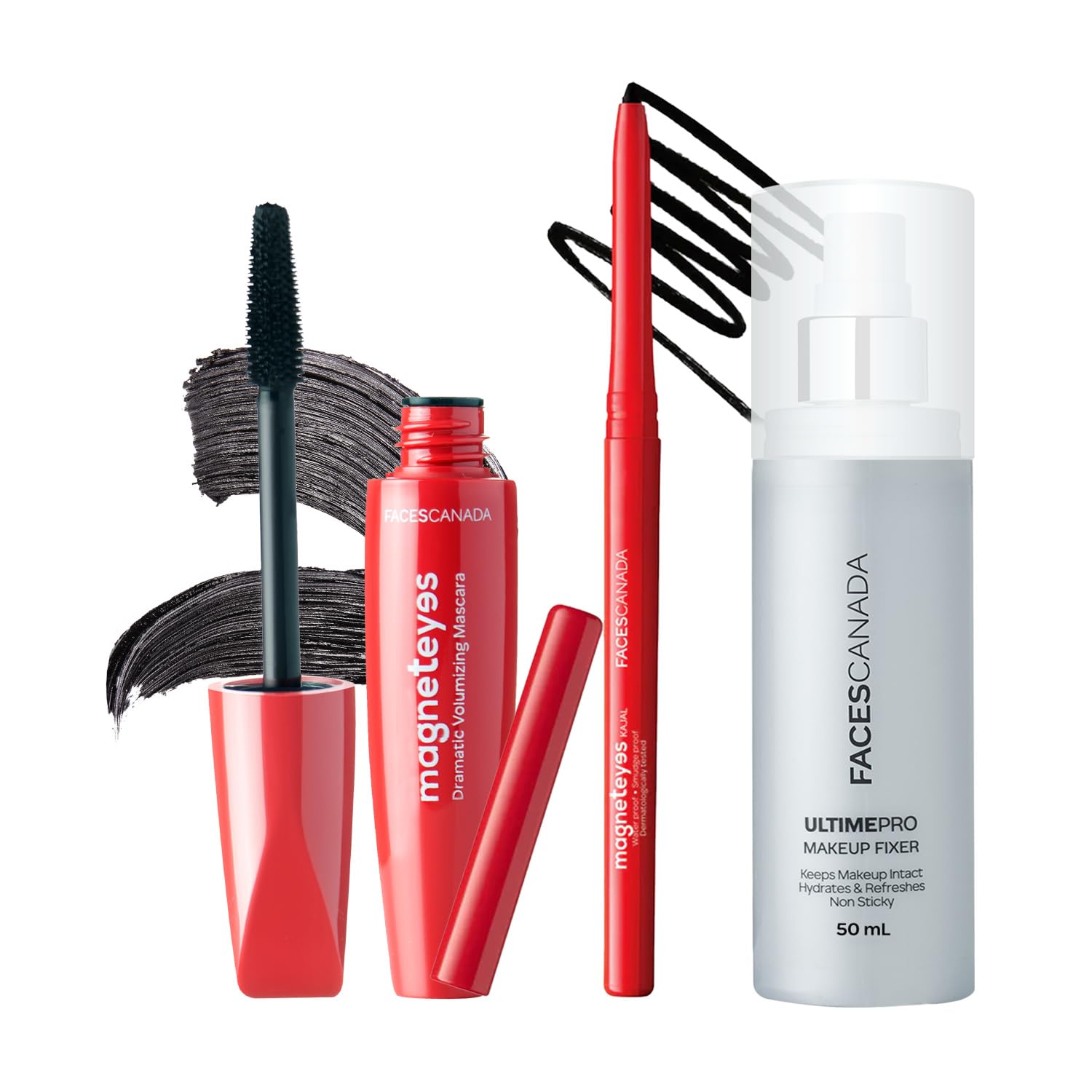 Faces Canada Dramatic Eyes Combo  Magneteyes Kajal  Black (0.35 Gm) + Magneteyes Dramatic Volumizing Mascara  Black (9.5 Ml) 