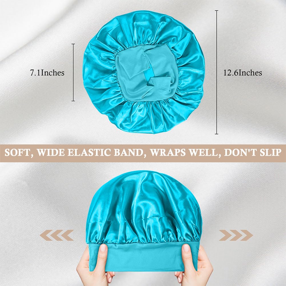 4Pcs Satin Bonnet Silk Bonnet, Hair Bonnet For Sleeping, Elastic Wide Band Silk Sleep Cap, Shower Cap Soft And Breathable (Blue