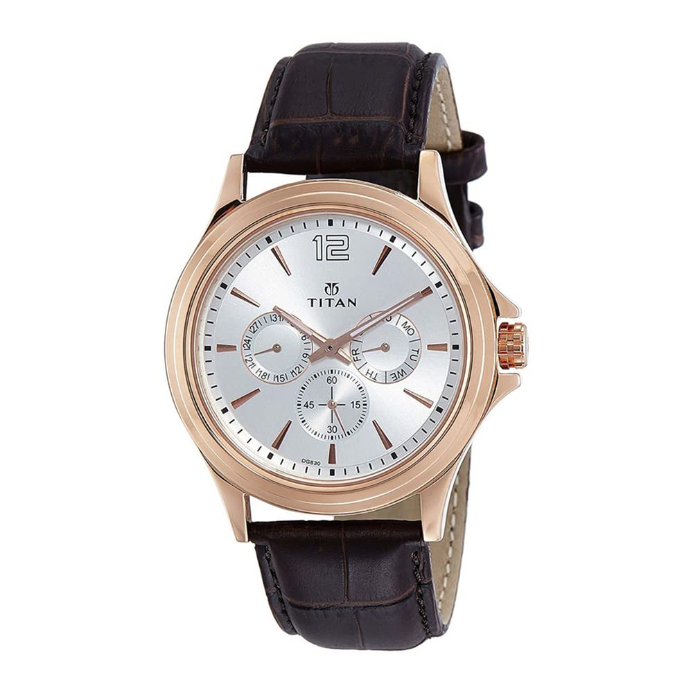 Titan Workwear Men’S Chronograph Watch | Quartz, Water Resistant, Leather Band | Brown Band And White Dial