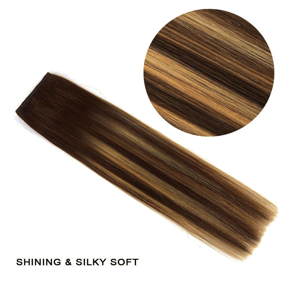22'' Hair Extensions Clip In Human Hair For Women - Silky Straight Chocolate Brown To Honey Blonde Highlight Brown Ombre Hair 90