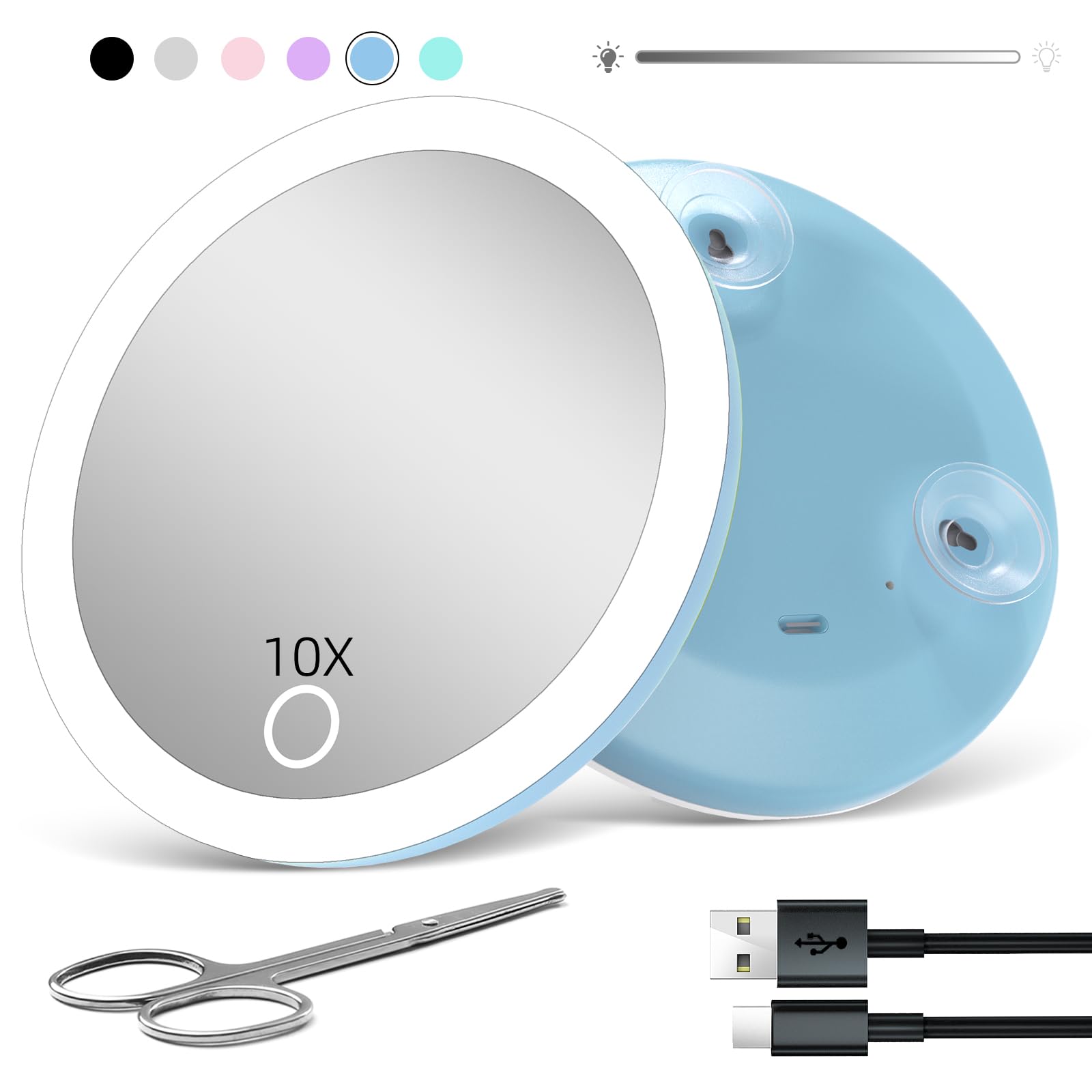 Travel Magnifying Mirror With Light 10X, 4Inch Rechargeable Lighted Magnified Mirror With Suction Cups, Small Magnifying Mirror