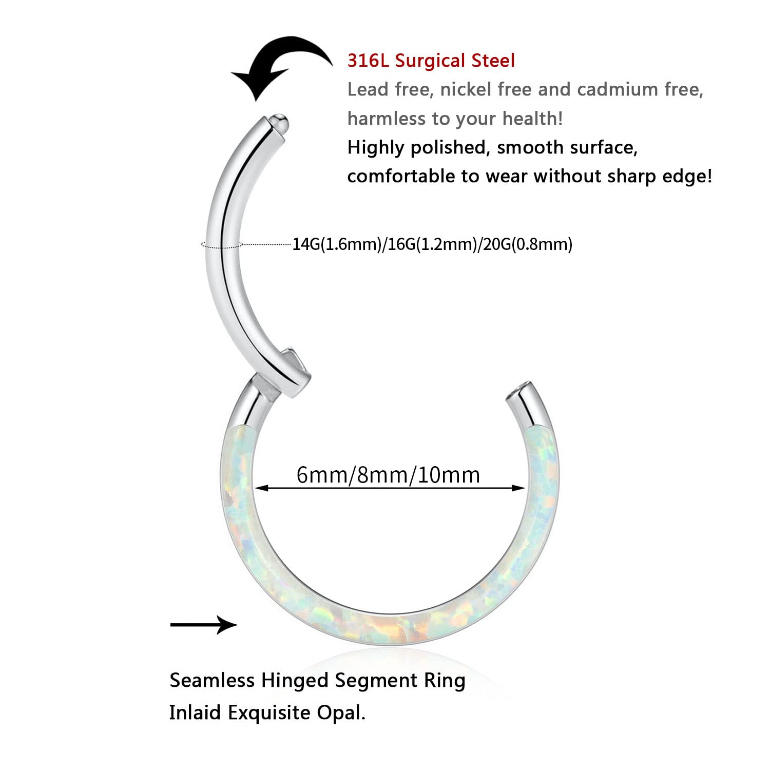 FUNLMO 16G Septum Ring 10mm Daith Rook Earrings Clicker Nose Rings Helix Daith Septum Rook Conch Piercing Jewelry Surgical Steel