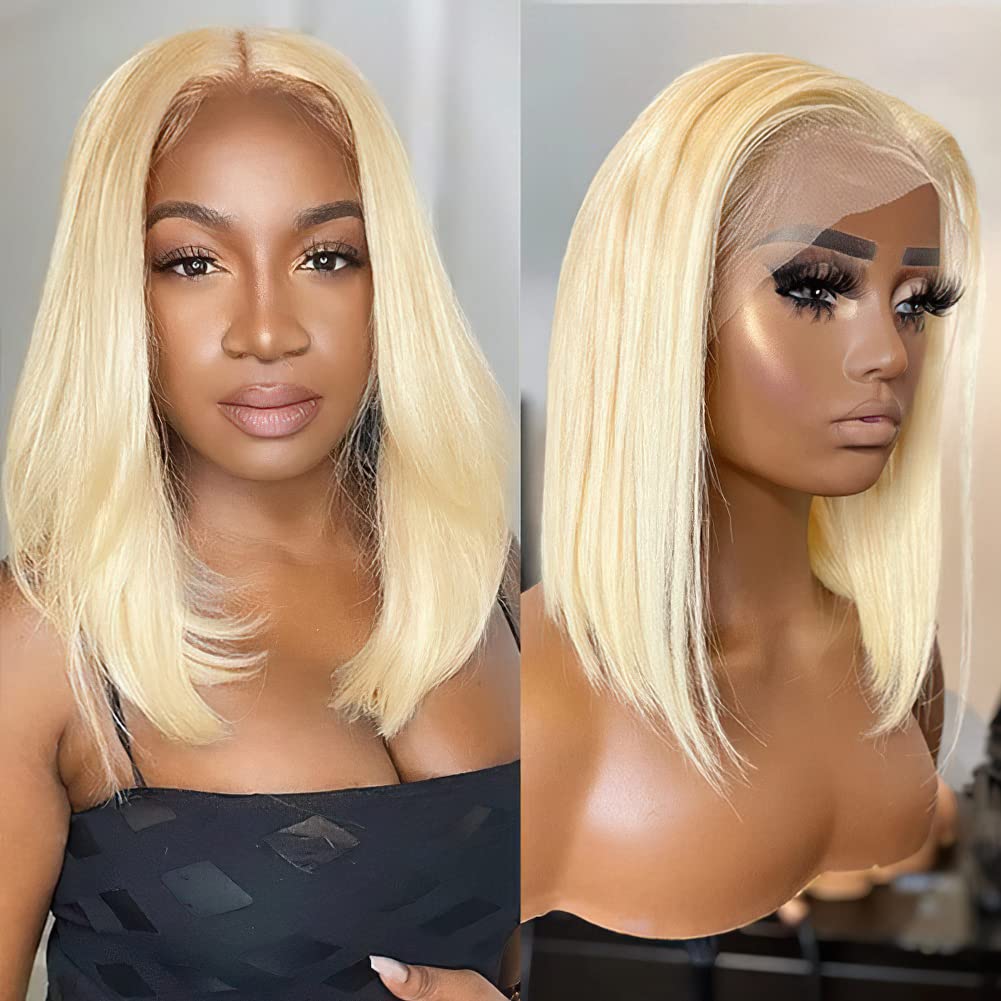 Flady 14 inch 613 Blonde Bob Wig Human Hair 613 13X4 HD Lace Front Wigs Human Hair Pre Plucked Hairline 180% Density Blond Bob H
