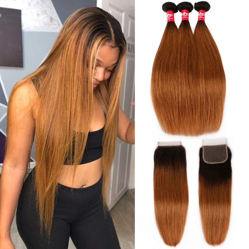 Haha Ombre Brazilian Straight Hair Bundles with Closure 10A Ombre Human Hair Bundles With Closure 2 Tone T1B/30 Black to Brown A