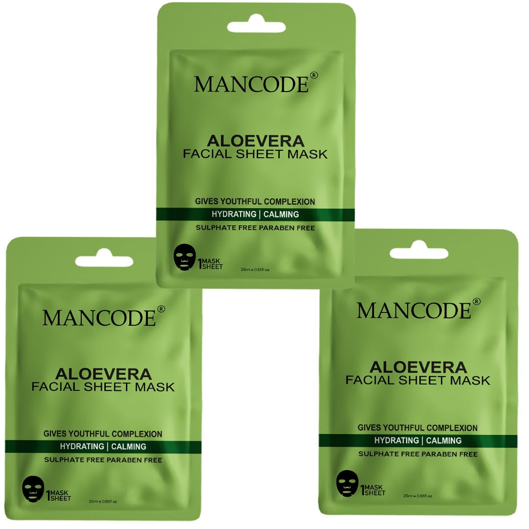 Mancode Aloevera Facial Sheet Mask 25Ml Gives Youthful Complexion Hydration Calming Pore Reducing, Brightening And Enhances Dail