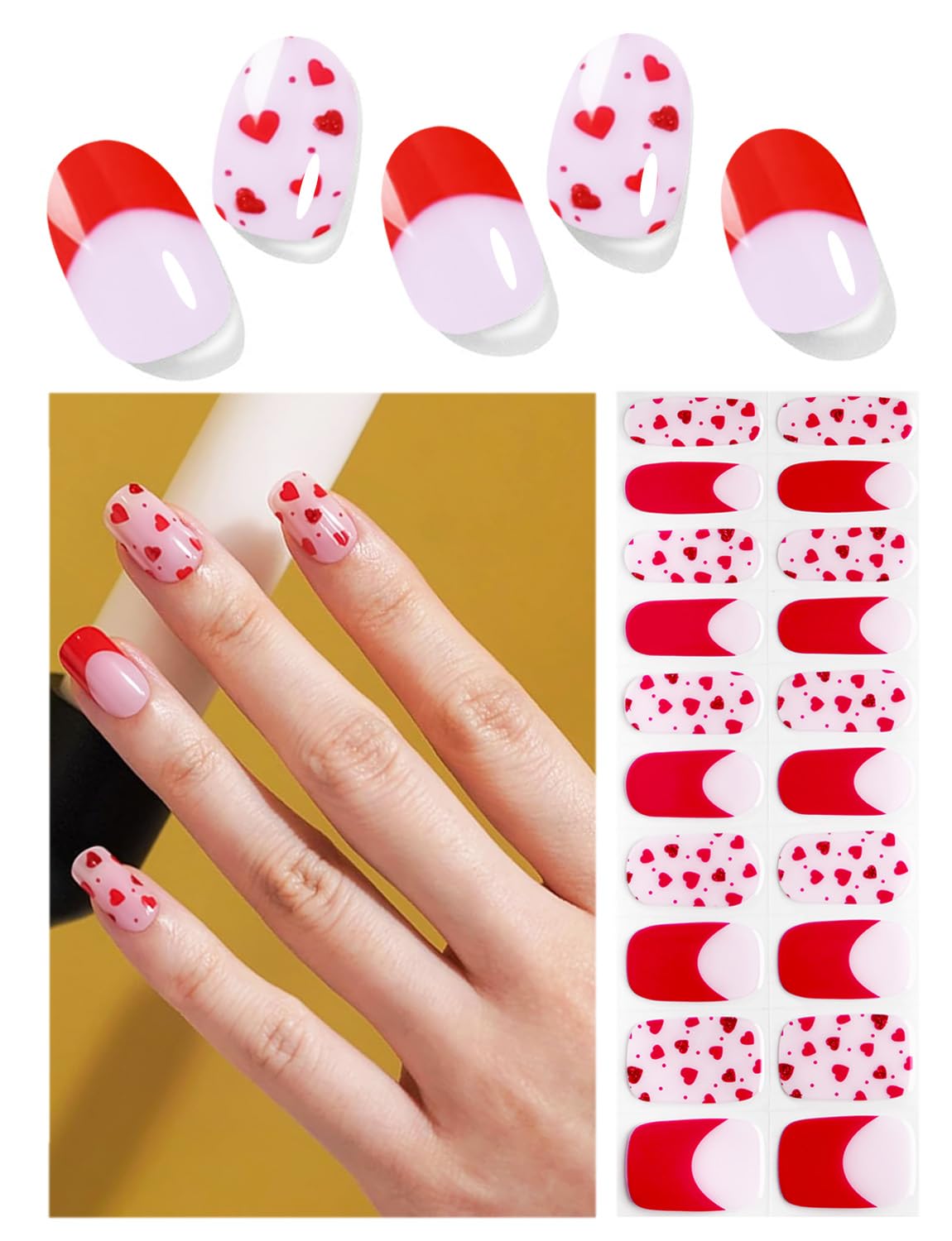 Wahrshei Semi Cured Gel Nail Strips |Gel Polish Nail Wraps | Gel Nail Stickers, UV Light Required-Valentine Style A