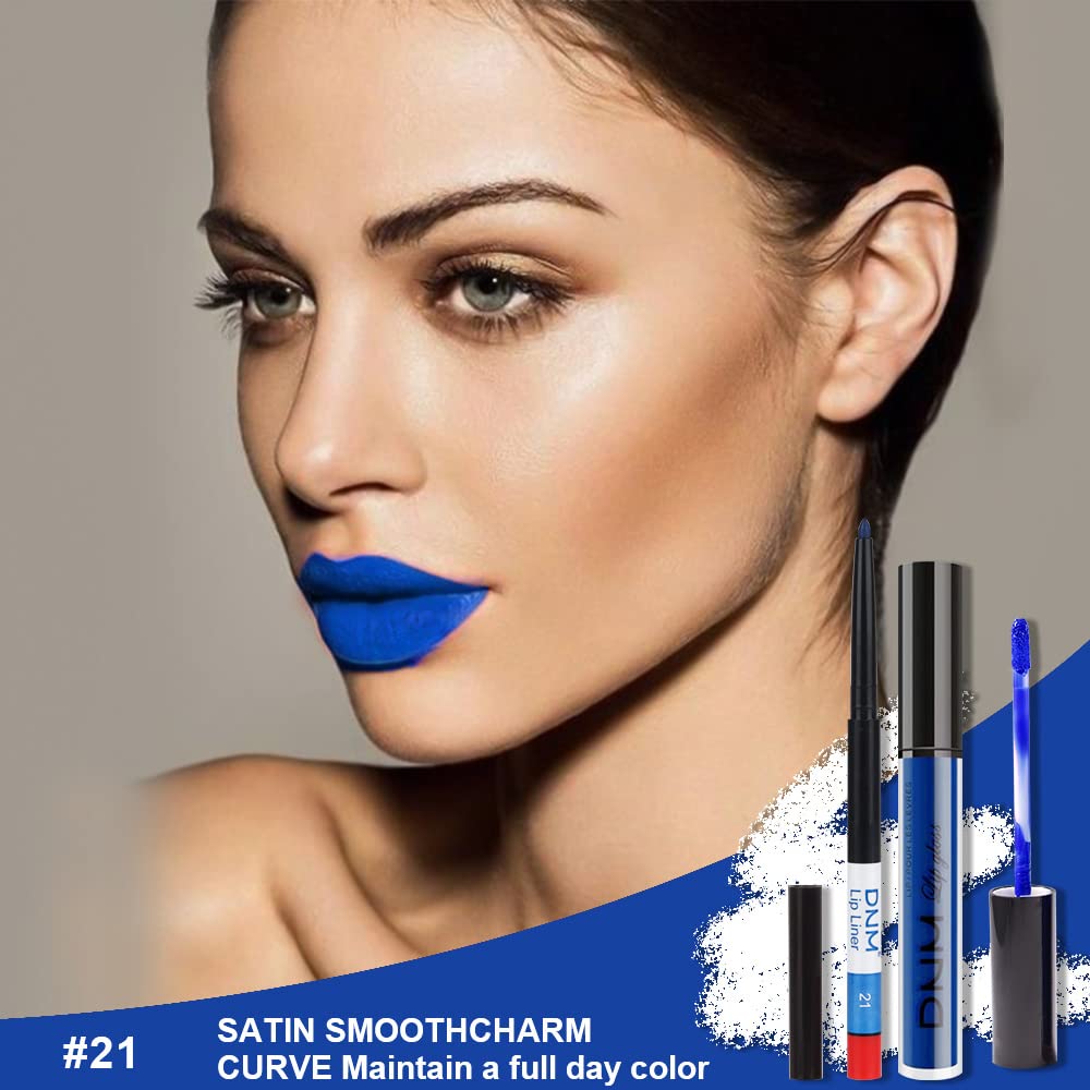 Evpct 2Pcs Royal Light Blue Matte Liquid Lipstick And Lip Liner Pencil Makeup Set Dnm Blue Lipstick 24H And With Lip Liner Set W