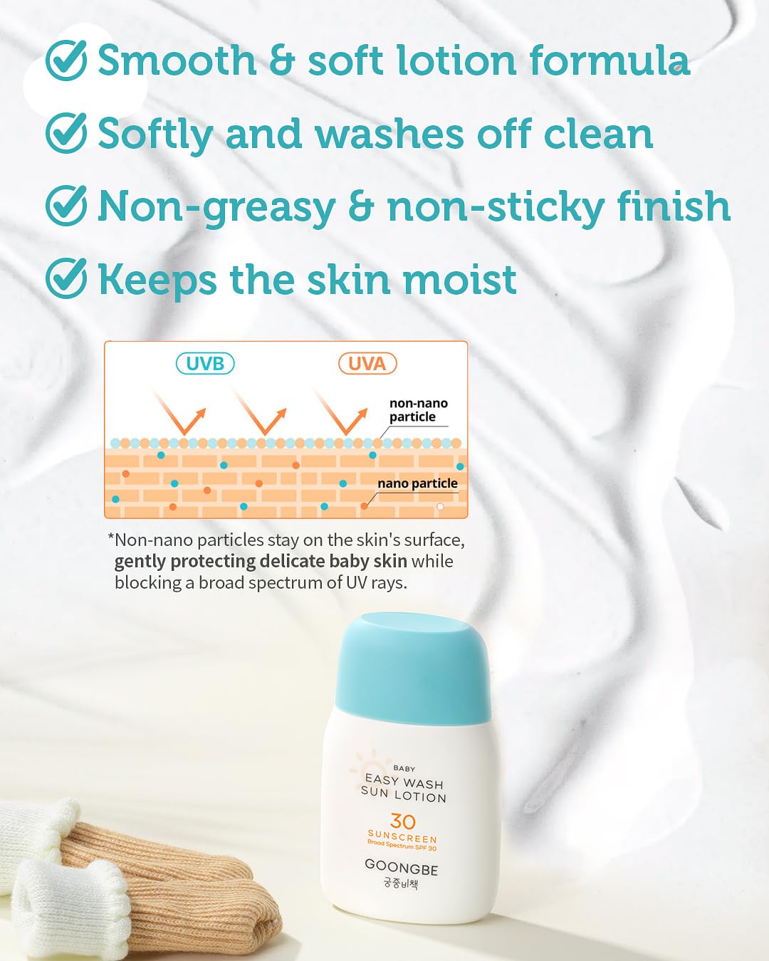 GOONGBE Baby Easy Wash Sun Lotion SPF 30 - Korean Moisturizing Zinc Oxide Mineral Sunscreen for Babies and Kids - Washes Off Eas