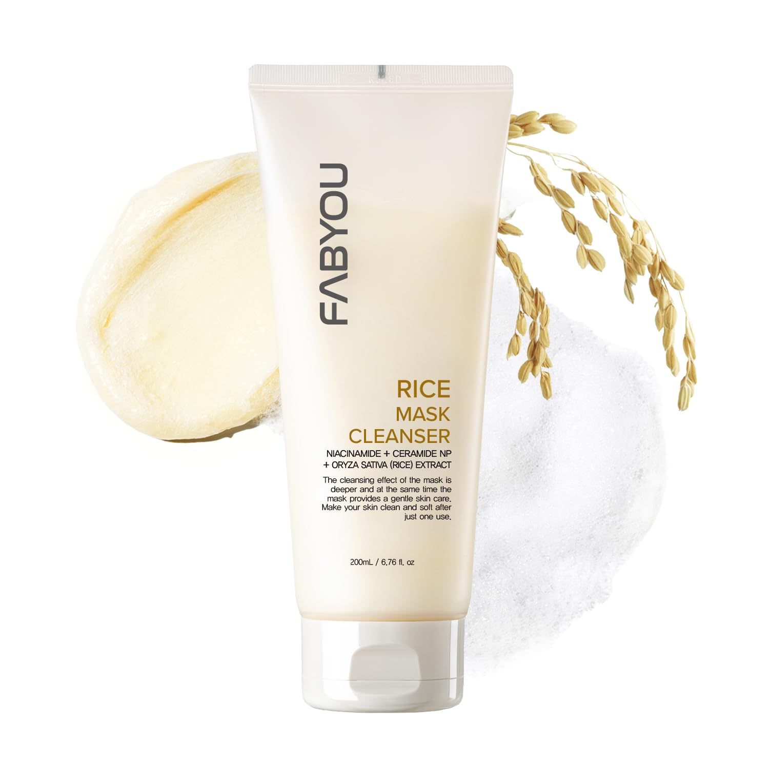 FABYOU Rice Mask Cleanser 6.76 oz- Glow-Boosting & Hydrating Face Wash with Jeju Rice & Natto Gum, Gentle Exfoliating Daily Foam