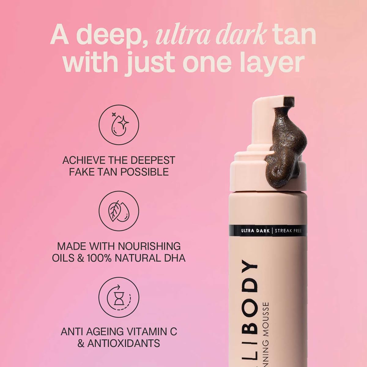 BALI BODY Self-Tanning Mousse - Ultra Dark, Natural Bronzed Shade, Streak-Free Green Based Tinted Self-Tanner, Vegan & Cruelty-F