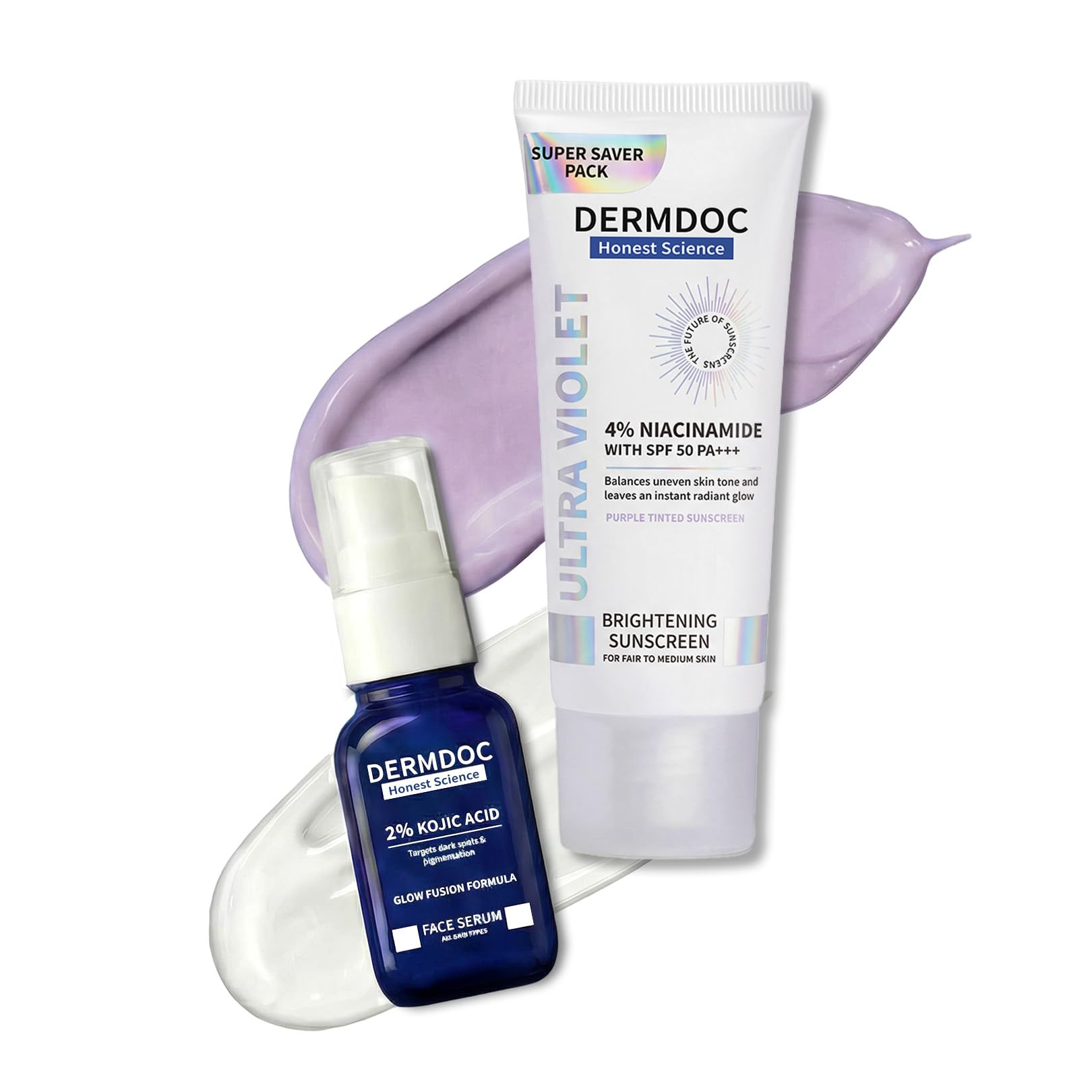 DERMDOC Correct and Protect Duo | 2% Kojic Acid Face Serum (20ml) & SPF 50 Ultra Violet Purple Brightening Sunscreen with 4% Nia