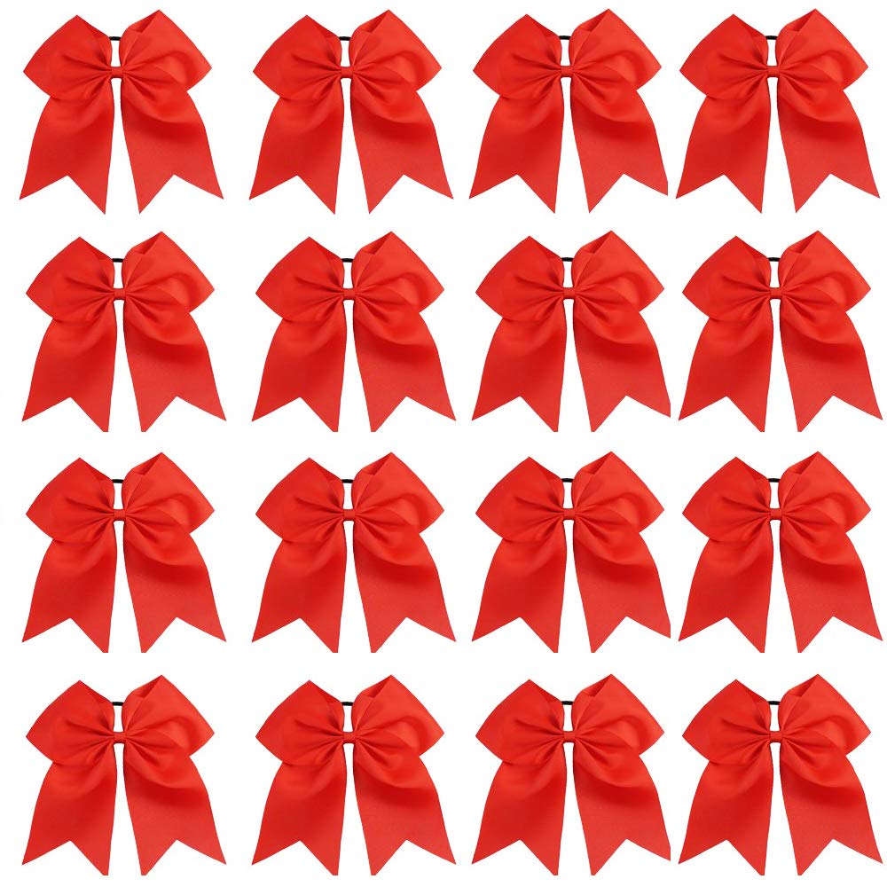 16Pcs 8 Large Cheer Hair Bows Ponytail Holder Elastic Band Handmade For Cheerleading Teen Girls College Sports (16 Pcs) (Red)