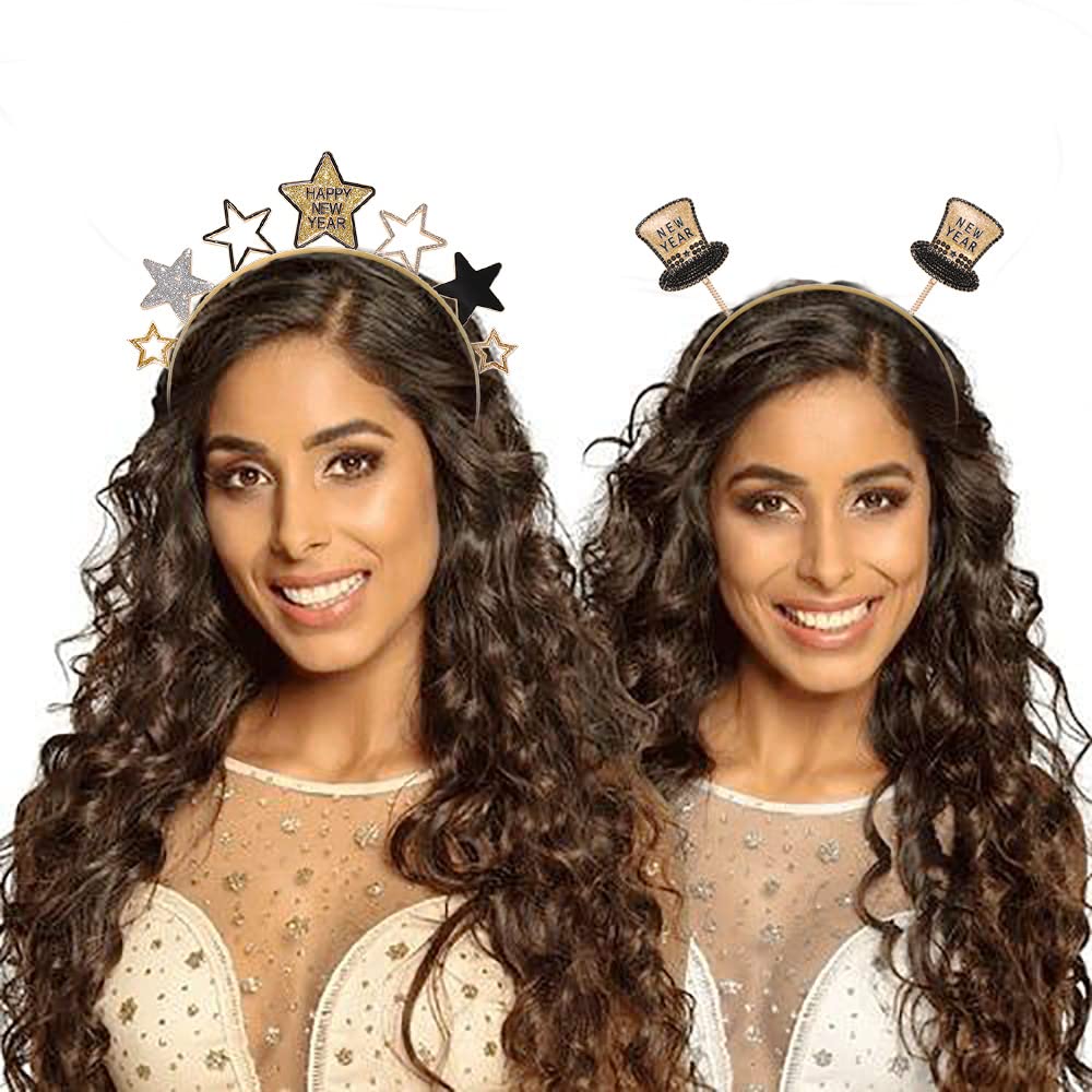 Heidkrueger Happy New Year Headband Glitter Gold Star Headbands Black And Gold Hat Tiara Hairbands For Women New Years Eve Party
