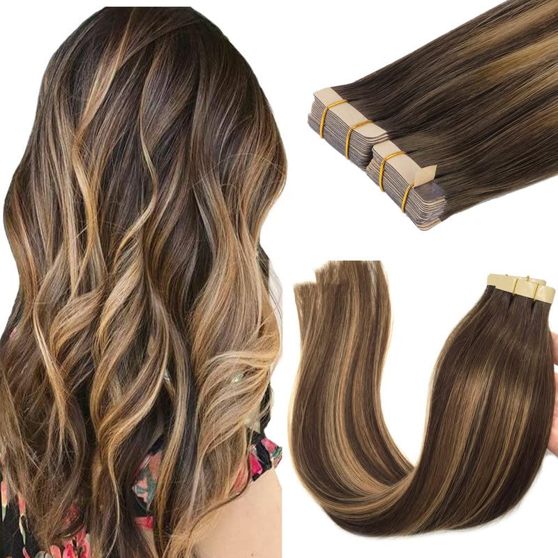 Goo Goo Tape In Hair Extensions Human Hair, 4/27/4 Balayage Chocolate Brown To Caramel Blonde, 18Inch 100G 40Pcs, Thick Ends Str