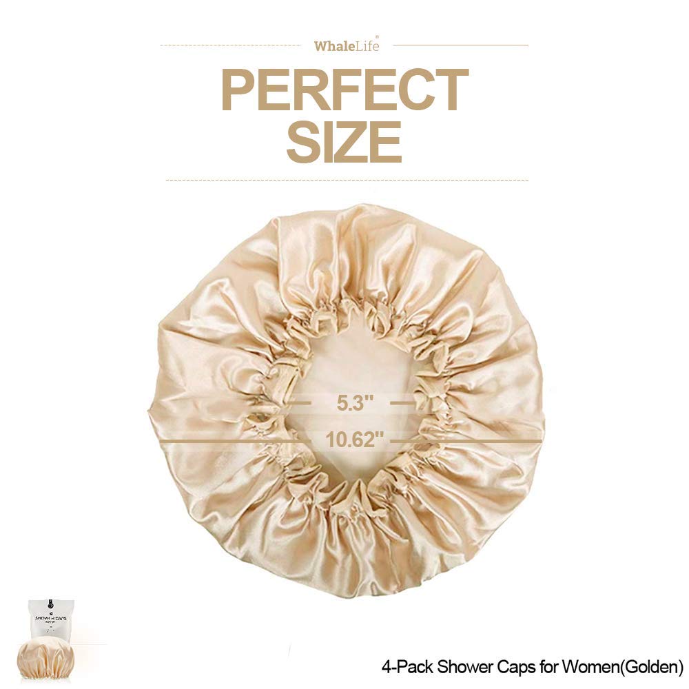 Shower Cap For Women Reusable Extra Large Shower Cap For Men (Golden 4 Pack Large) Satin Double Layer Eva Waterproof Long Hair C