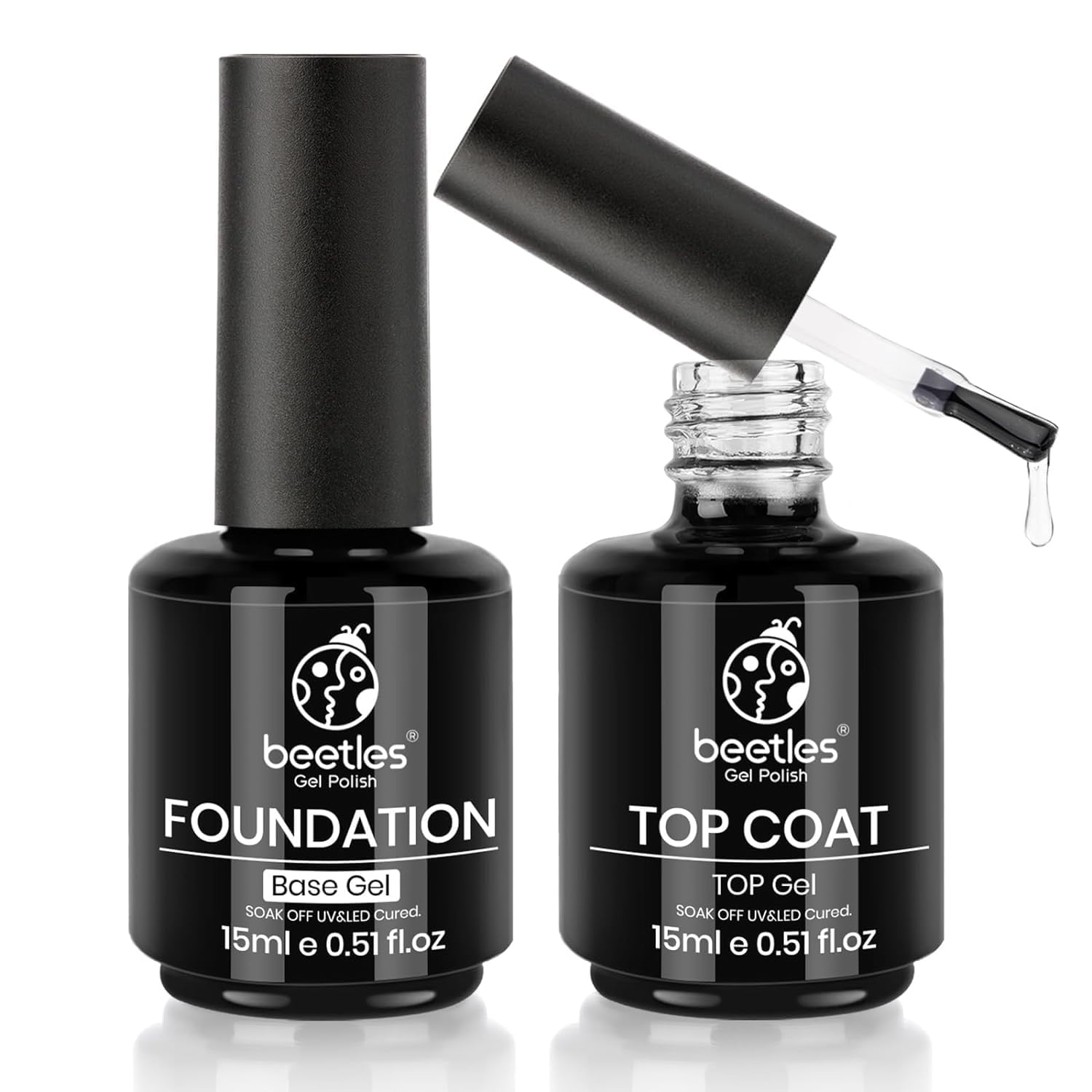 beetles Gel Polish Base Gel Top Coat Set, 2Pcs 15ML/0.5OZ Clear Base Coat No Wipe Top Gel Set Soak Off UV LED Glossy Shine Finis