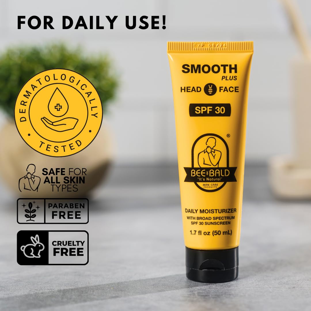Bee Bald SMOOTH PLUS Head & Face Moisturizer SPF 30, 1.7 Fl Oz - Hydrating Sunscreen Lotion Protects Against UVA/UVB Rays