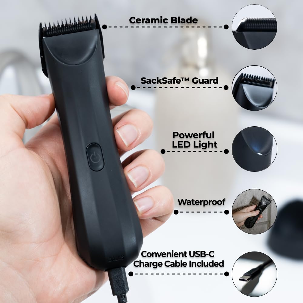 BALLS V3 The Archibald - Pubic Hair Trimmer for Men, Intimate Parts & Body - No Cuts, Sacksafe Guard, 100% Waterproof, Cordless