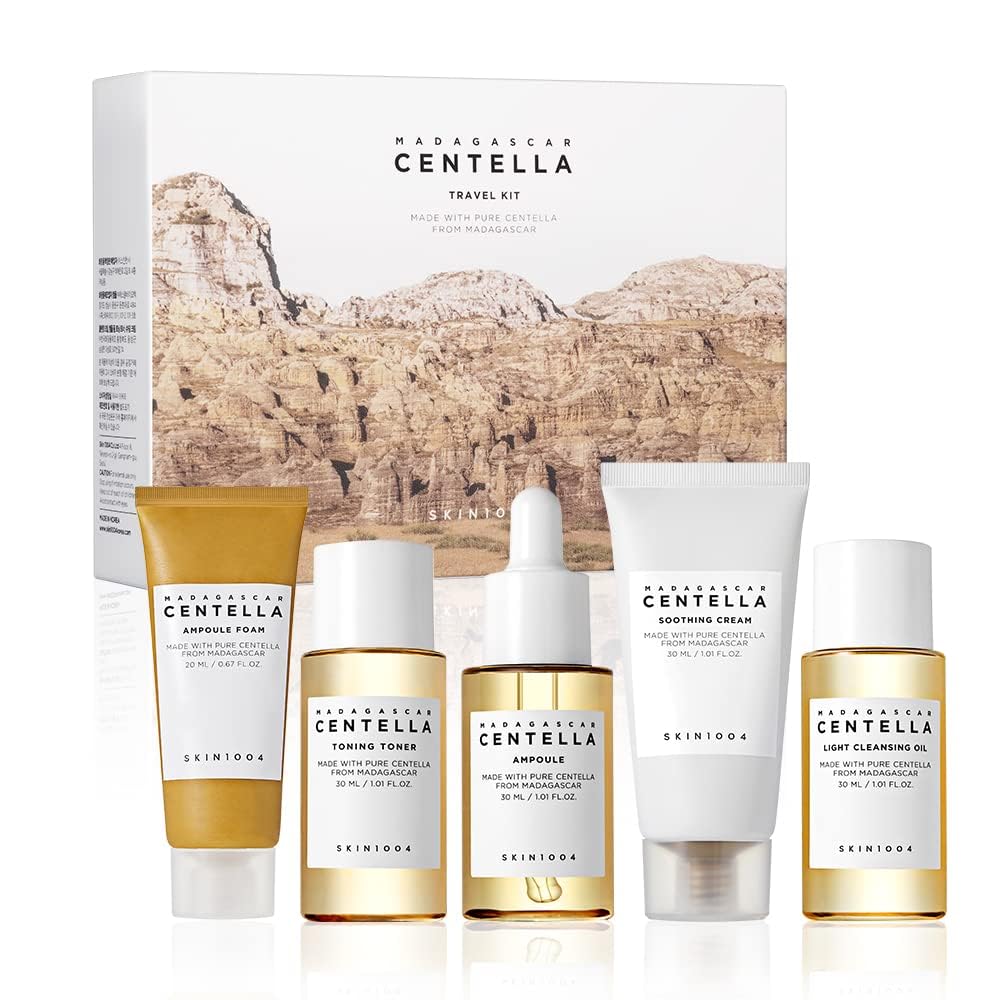 Skin1004 Madagascar Centella Travel Kit, Toner, Ampoule, Soothing Cream, Cleansing Oil, Ampoule Foam, Basic Skincare Box, Compac