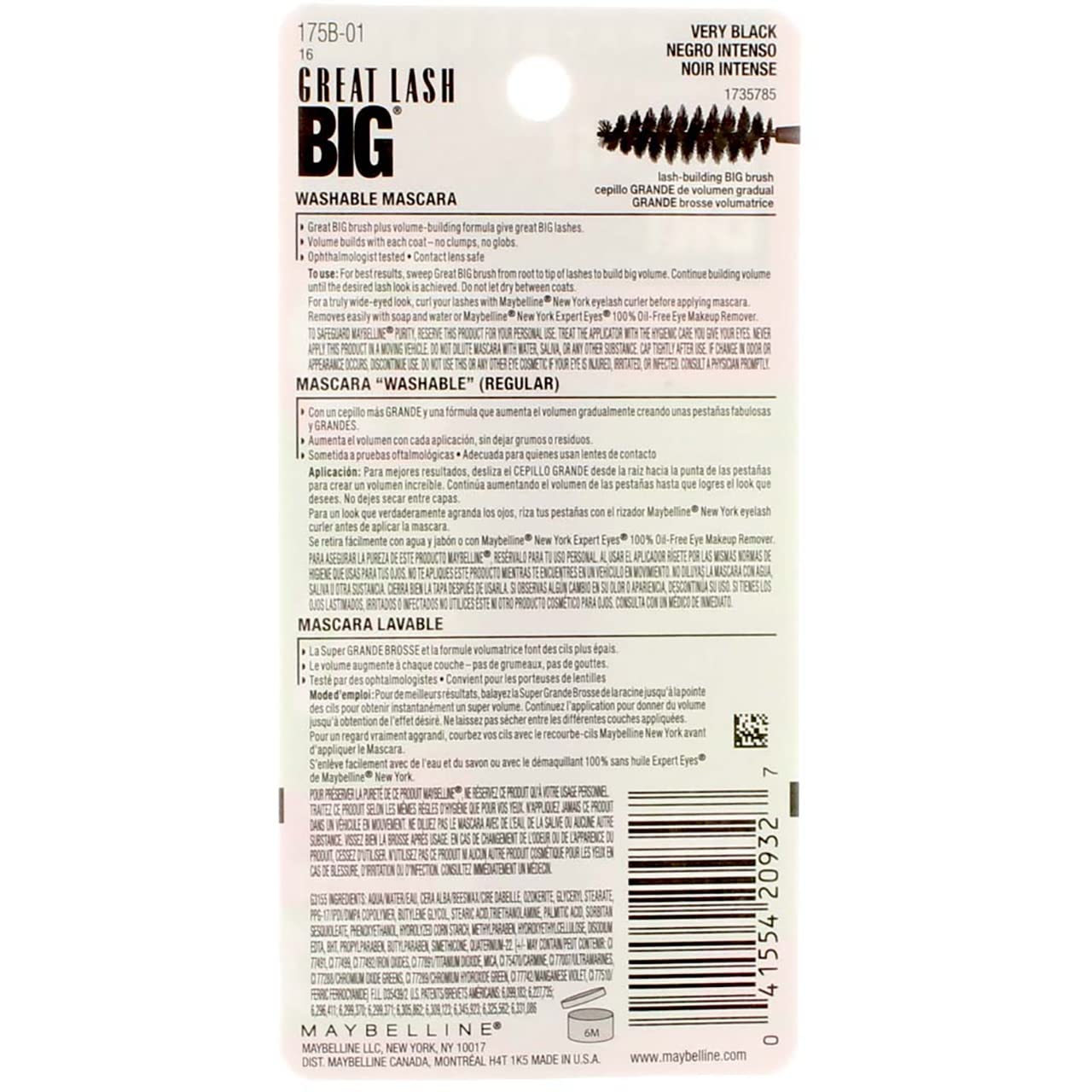 Maybelline Great Lash Big Washable Mascara, Very Black [131], 0.34 oz