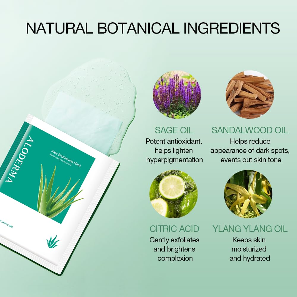 Aloderma Brightening Sheet Masks With 88% Organic Aloe Vera - 5 Pack Facial Masks With Niacinamide, Arginine For Radiant Skin -