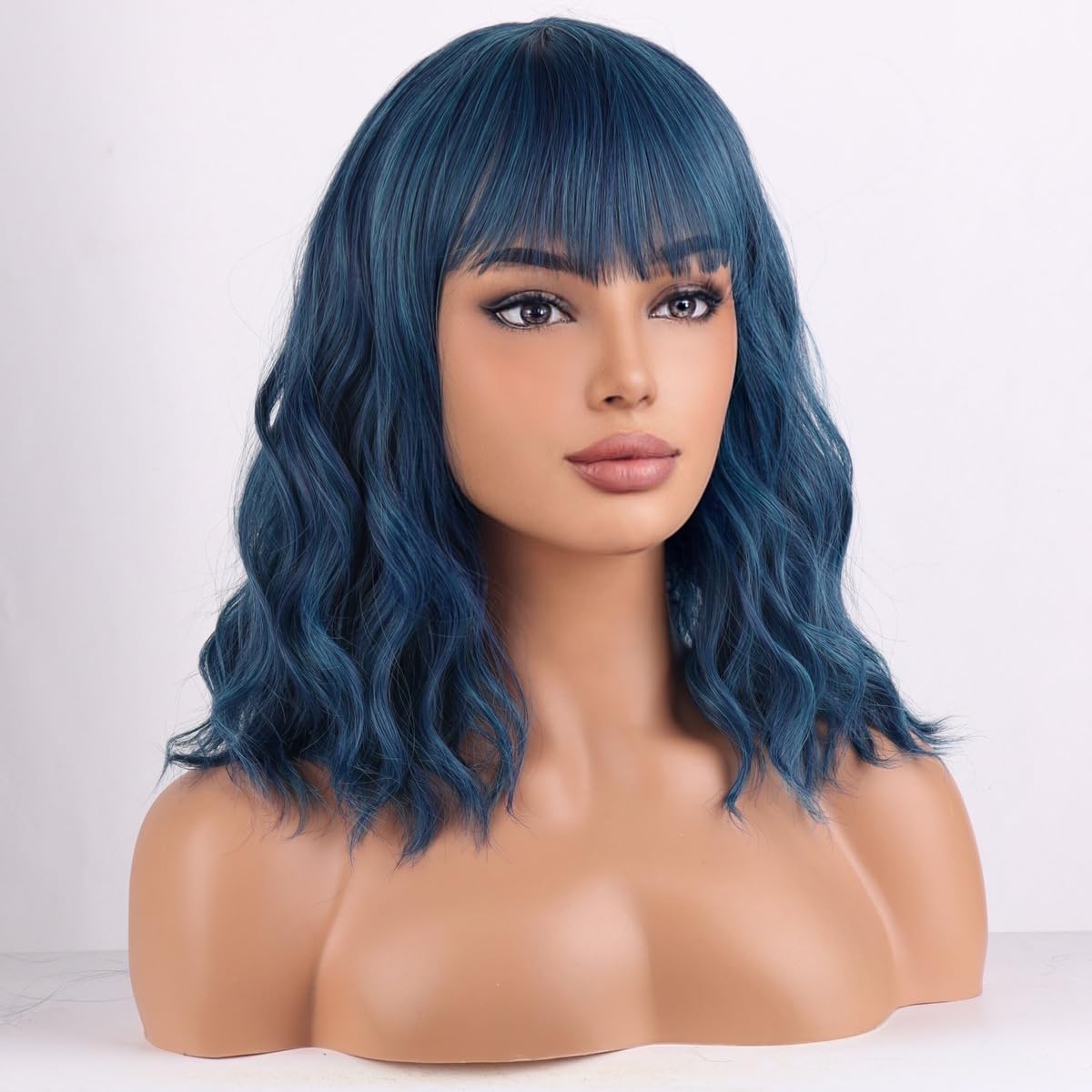 Wthcos Mixed Blue Wig Short Bob Wig Short Curly Wavy Wig With Bangs For Women Blue Wig Heat Resistant Synthetic Hair Wigs For Da
