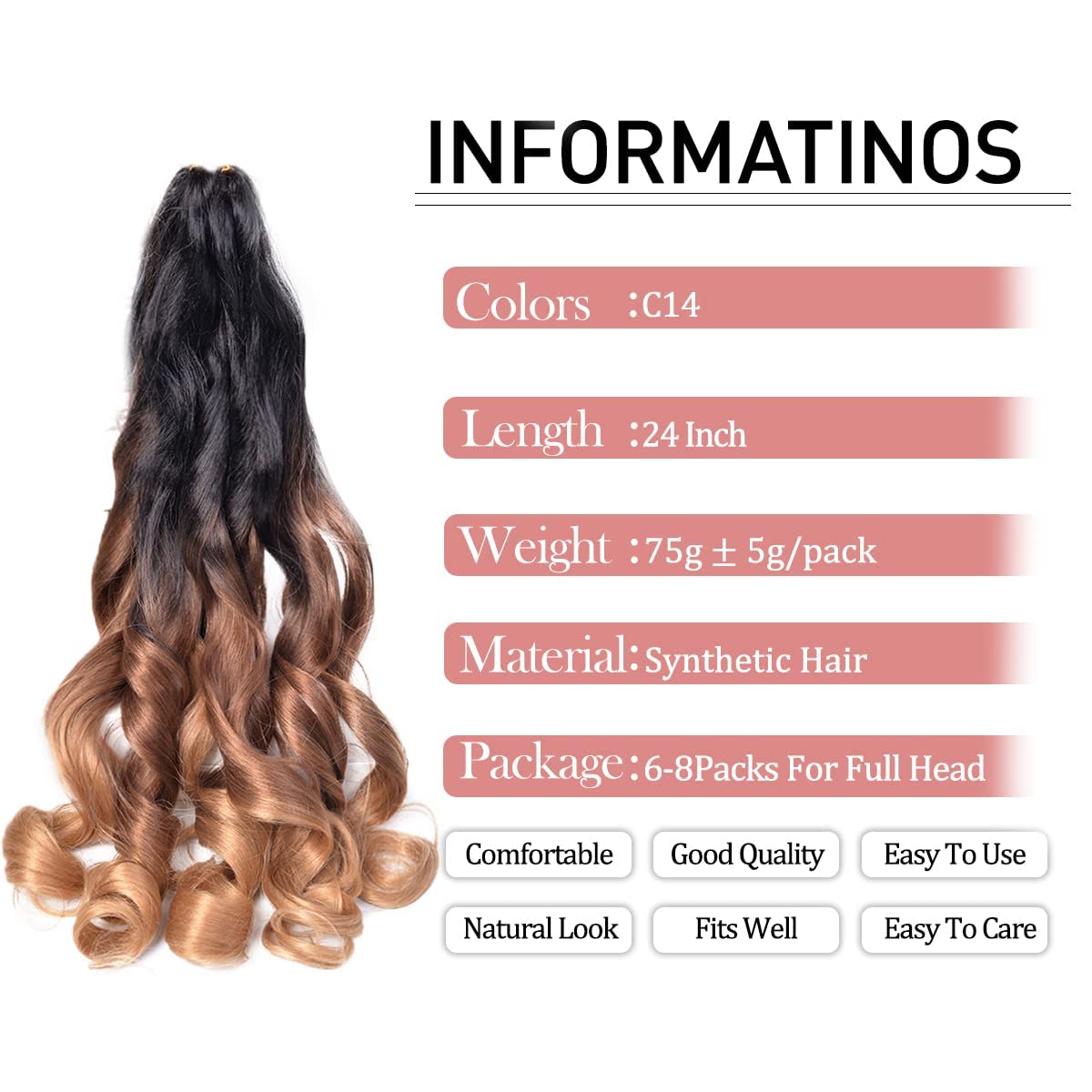 French Curly Braiding Hair Extensions,#C14 Loose Wavy Braiding Hair Extensions 8pack 24inch 75g/pack Synthetic French Curl Croch