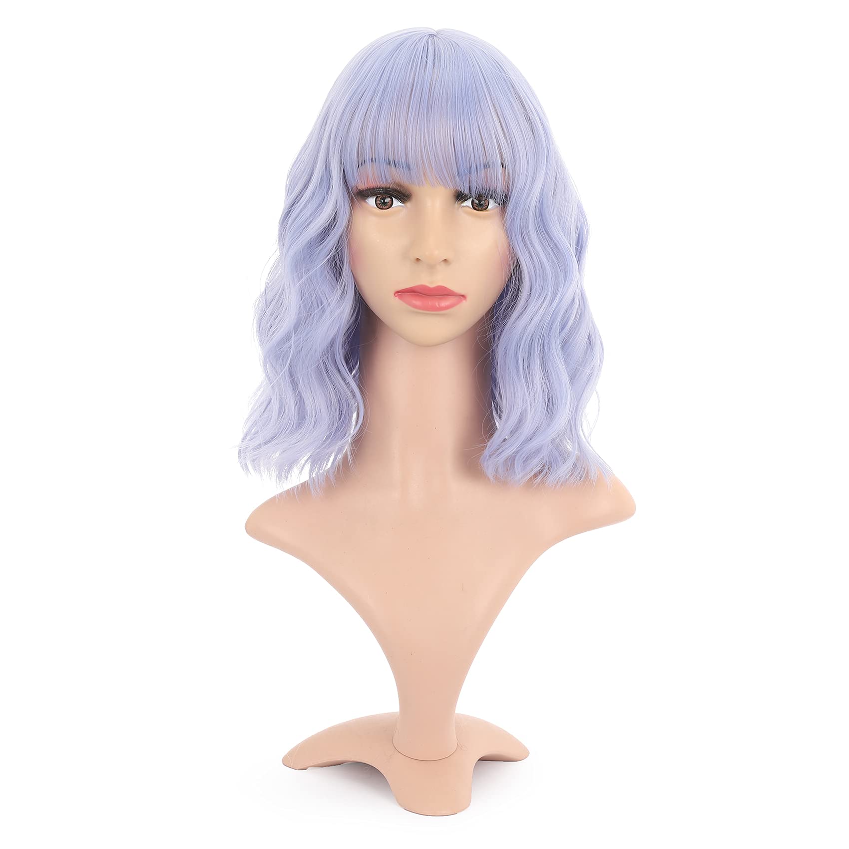 Vckovcko Natural Wavy Wig With Air Bangs Short Bob Grey Blue Wigs Women'S Shoulder Length Wigs Curly Wavy Synthetic Cosplay Wig