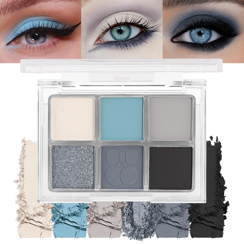 6 Colors Glitter Matte Eyeshadow Palette, Light White Sky Blue Gray Silver Black Sparkly Eyeshadow Palette Makeup, Warm Eye Shad