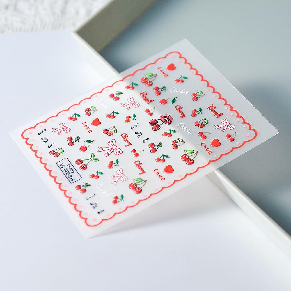 Fruit Nail Art Stickers 5D Embossed Cherry Nail Stickers Self-Adhesive Heart Love Bow Nail Decals For Women Girls Daily Wear Man