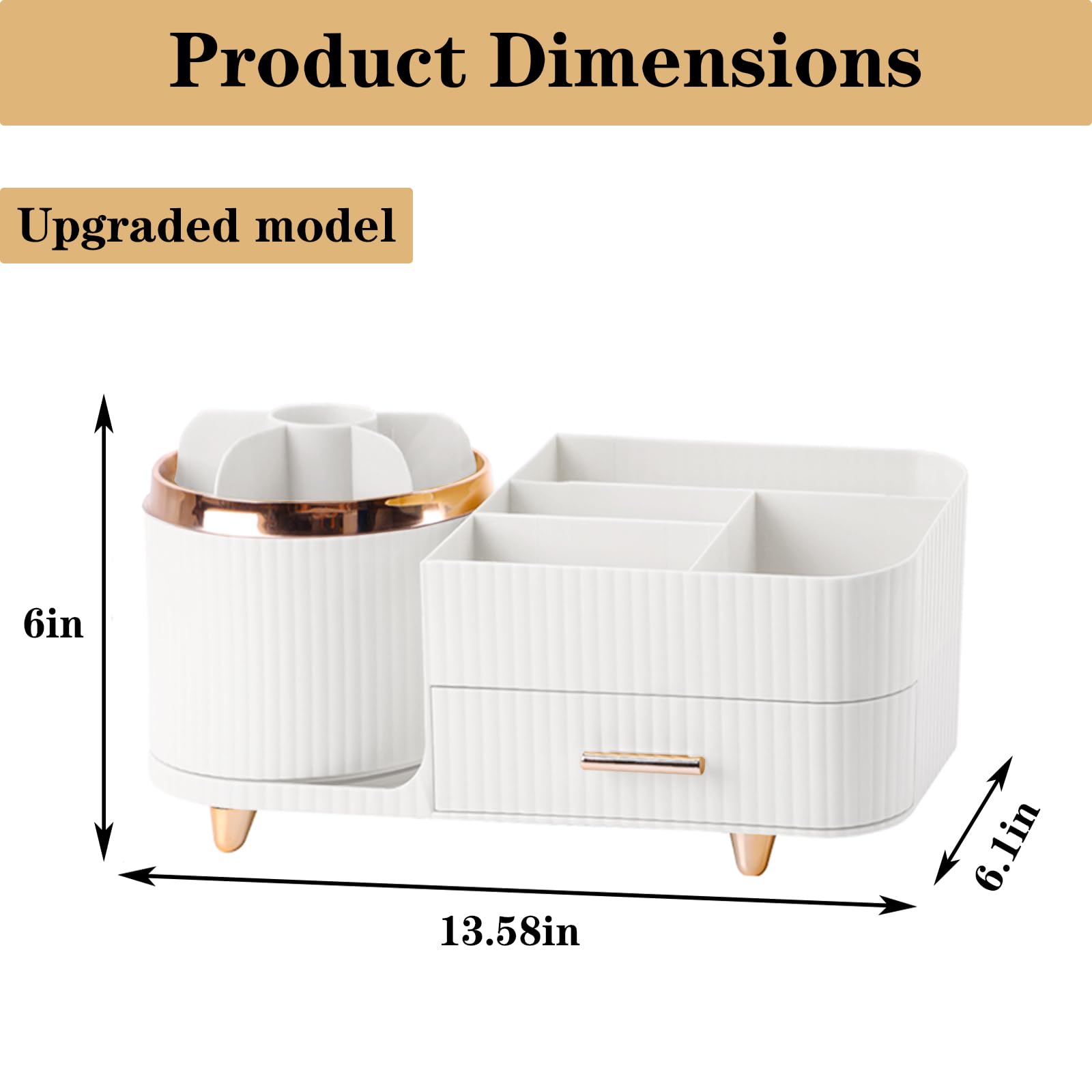 Rotating Makeup Organizer for Vanity with Brush Holder and Drawer, Cosmetic Makeup Storage, Large Spinning Makeup Skincare Organ