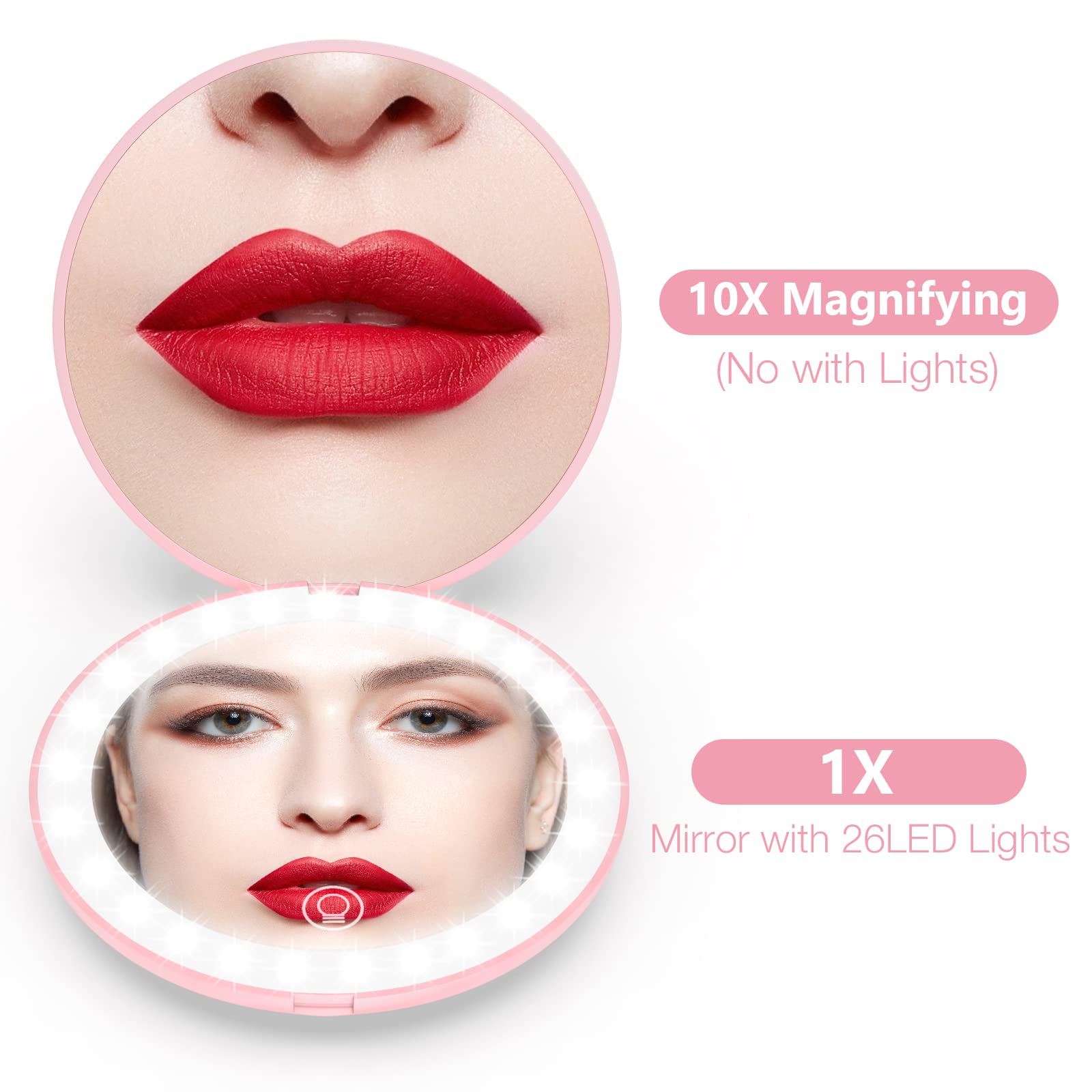 Wobsion Rechargeable Compact Mirror, 1X/10X Magnification, Dimmable, Portable, Leds, 4In Handheld, Pink