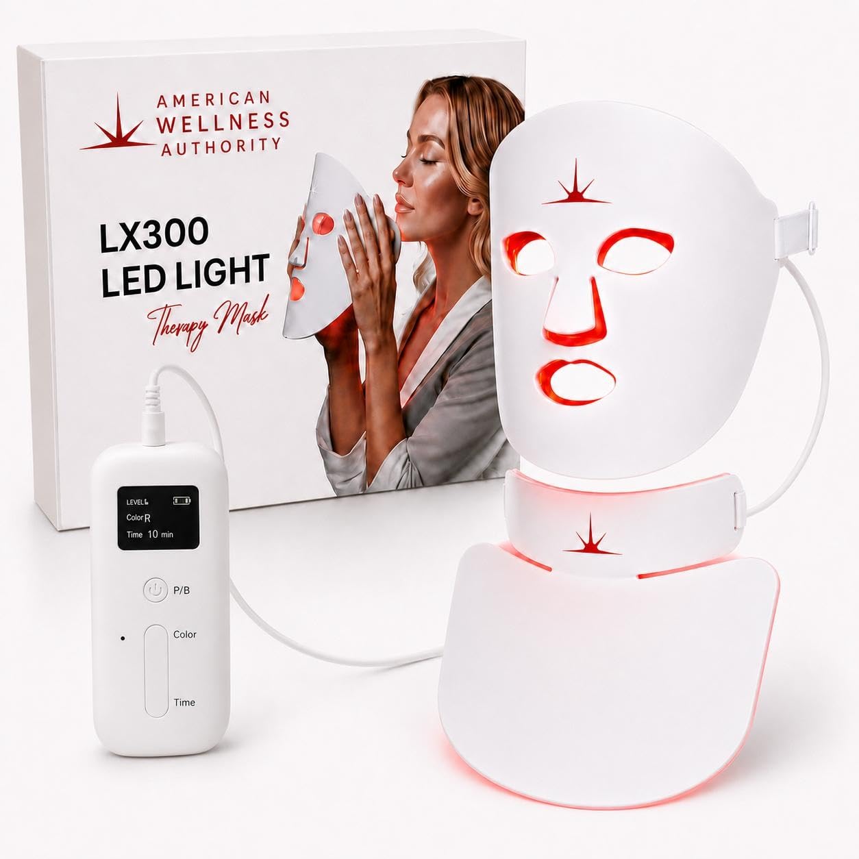 American Wellness Authority FDA Cleared Red Light Therapy Face Mask, Fsa Acne, With Neck Attachment, LX300