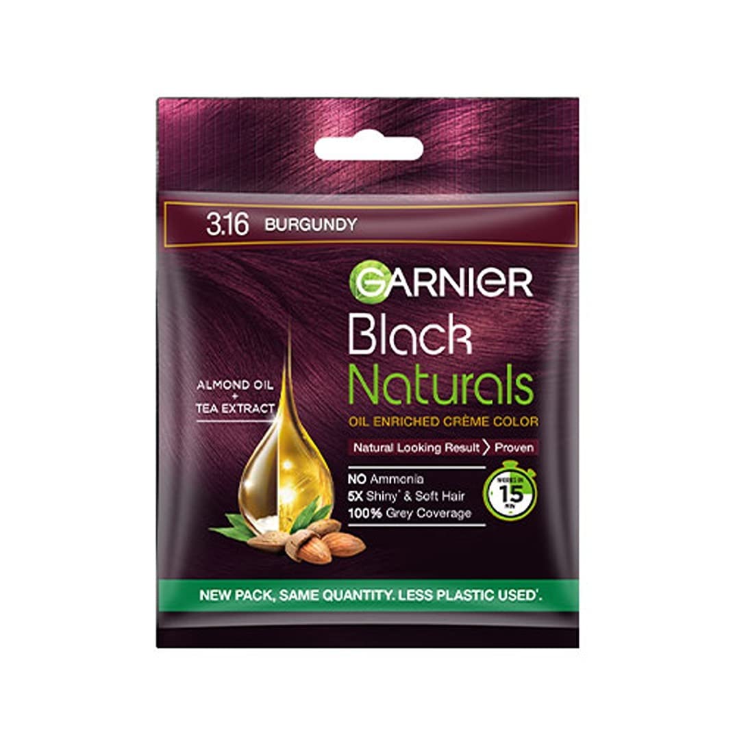 Garnier, Hair Colouring Crme, 100% Grey Coverage, Softening And Increased Shine, Black Naturals, 3.16 Natural Burgundy, 20G + 20