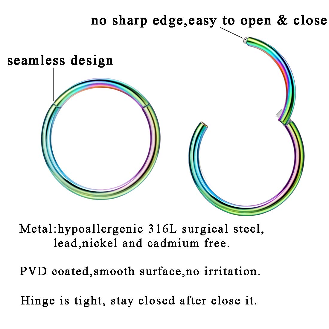 JOFUKIN 12g Hoops 16mm 12 Gauge Hoop Nose Rings for Men Rainbow Nose Ring Hoop Surgical Steel Nose Hoop Hypoallergenic Body Pier