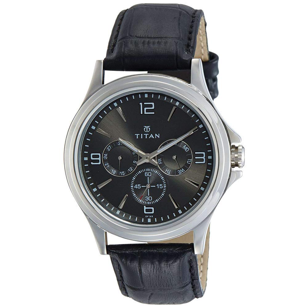 Titan Workwear Men’S Chronograph Watch | Quartz, Water Resistant, Leather Band | Black Band And Black Dial