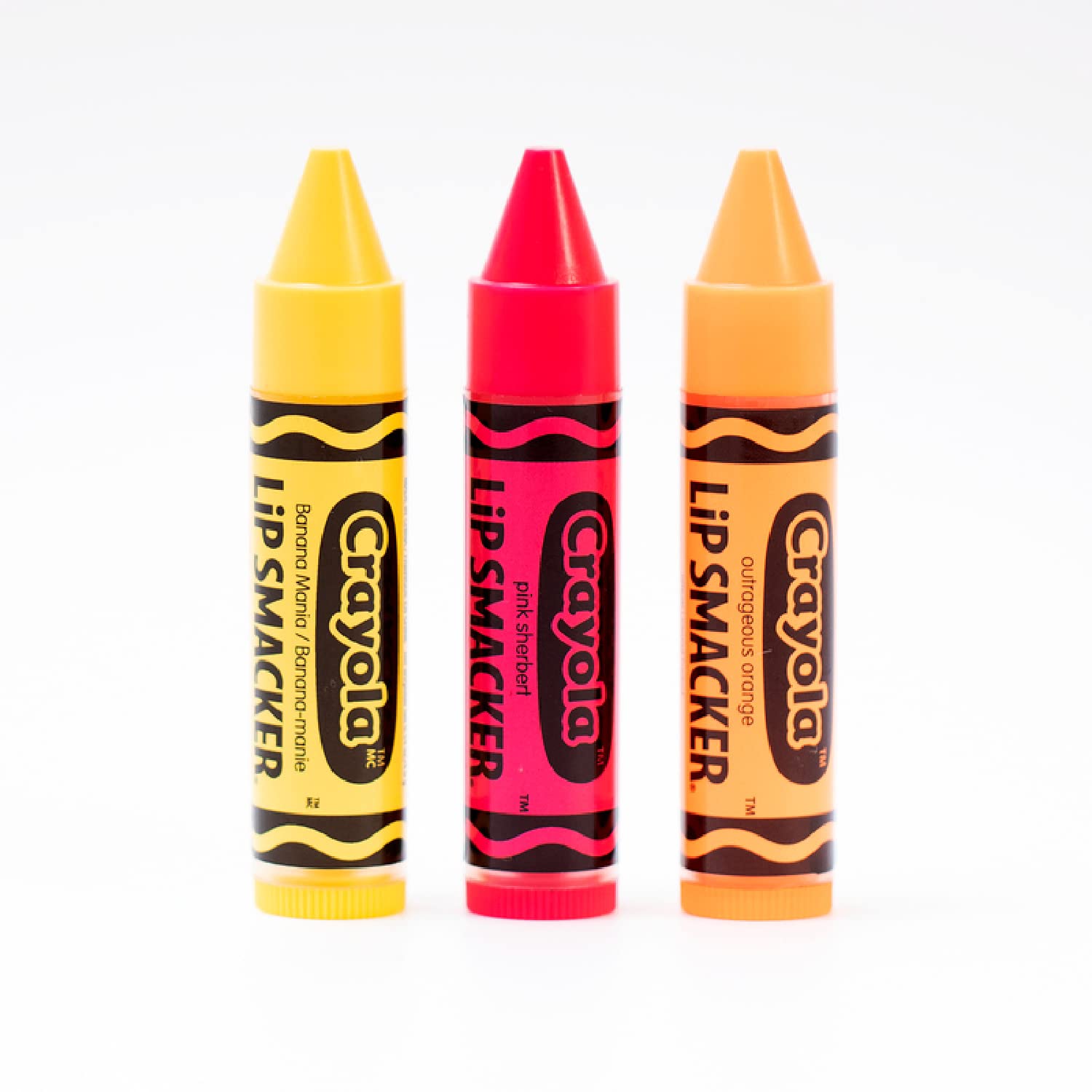 Lip Smacker Crayola Crayon Flavored Lip Balm Trio 3-Pack, Banana, Sherbert, Orange, Clear Matte, For Kids, Women, Men