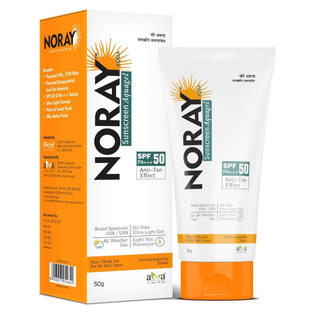 Noray Aqua Sunscreen SPF 50 PA+++, OilFree Gel for Oily & Sensitive Skin, 8 Hour Protection, 50g Pack of 4